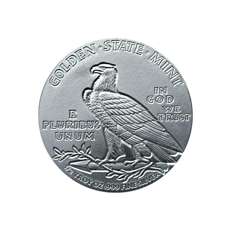 1/2 OZ SILVER ROUND INCUSE INDIAN DESIGN GOLDEN STATE MINT - Image 10